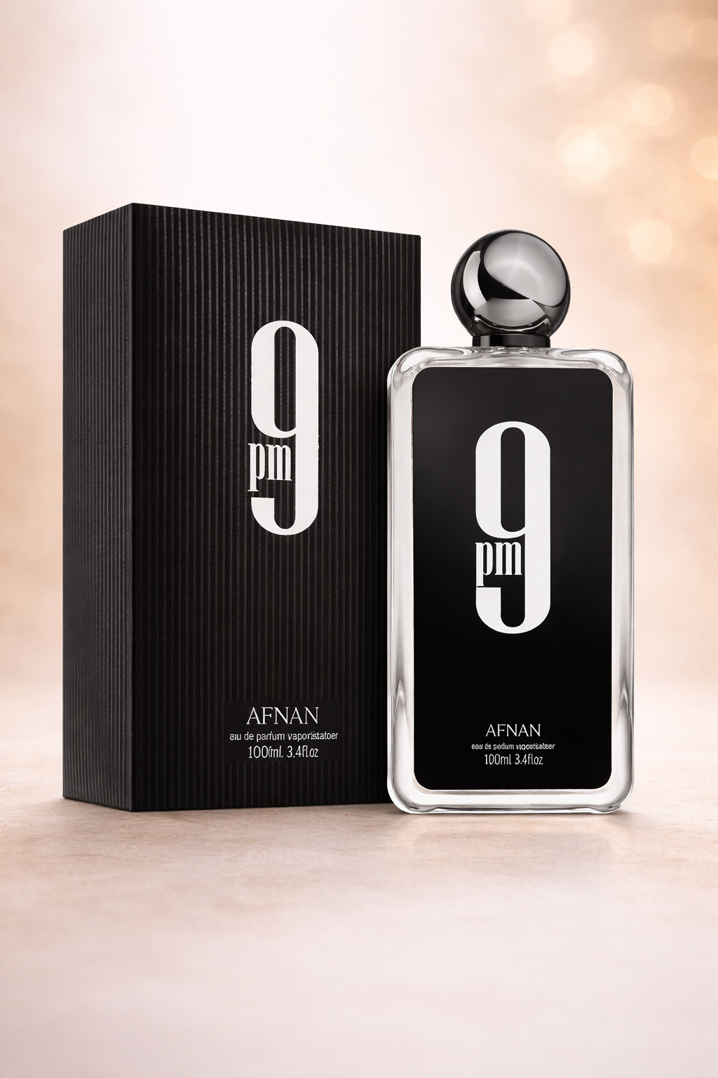 Close-up detail of Afnan 9PM bottle and packaging